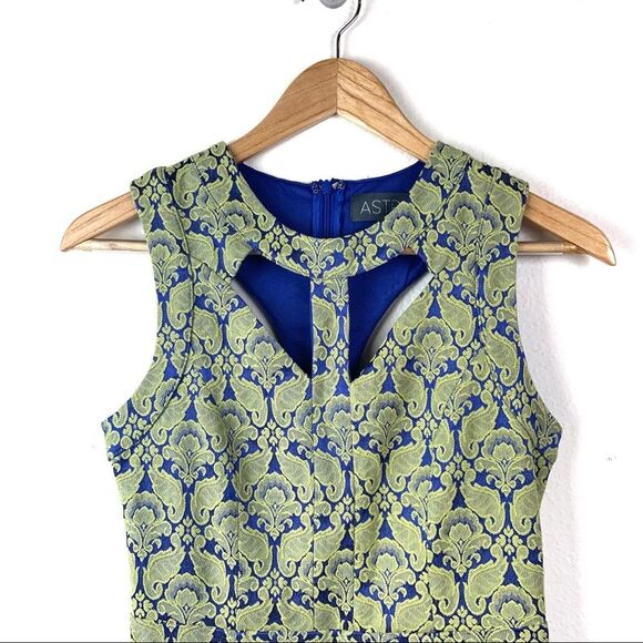 Astr Green & Blue Brocade Mini A Line Dress Sz S - Picture 3 of 8